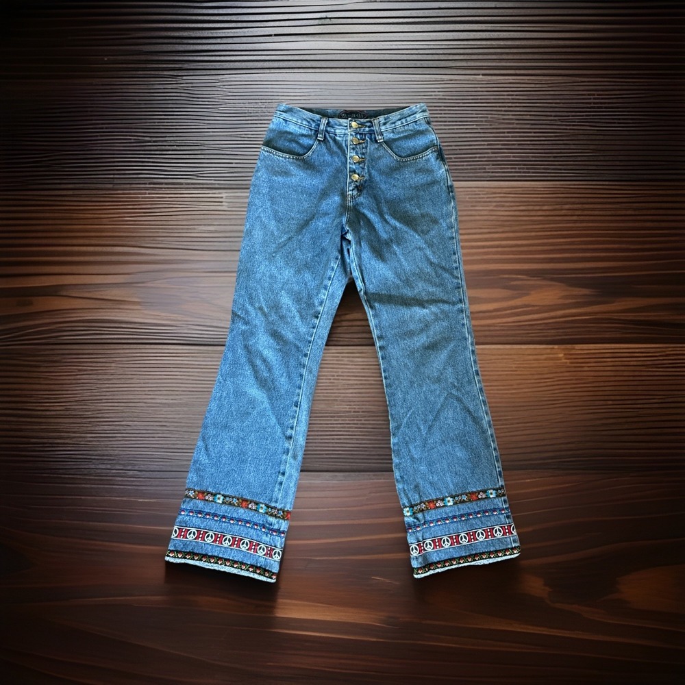 VTG Y2K Zana Di Jeans Denim 7/8 Raw Hem Peace Sign Floral Festival Whimsy Cotton